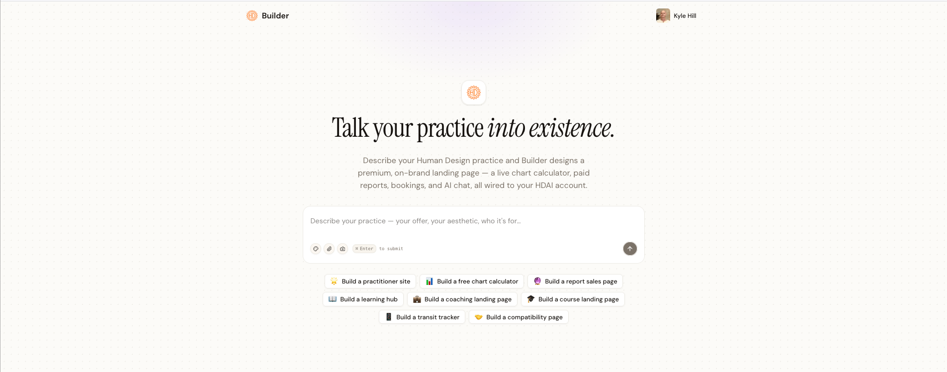 The HDAI Builder screen where you describe your practice