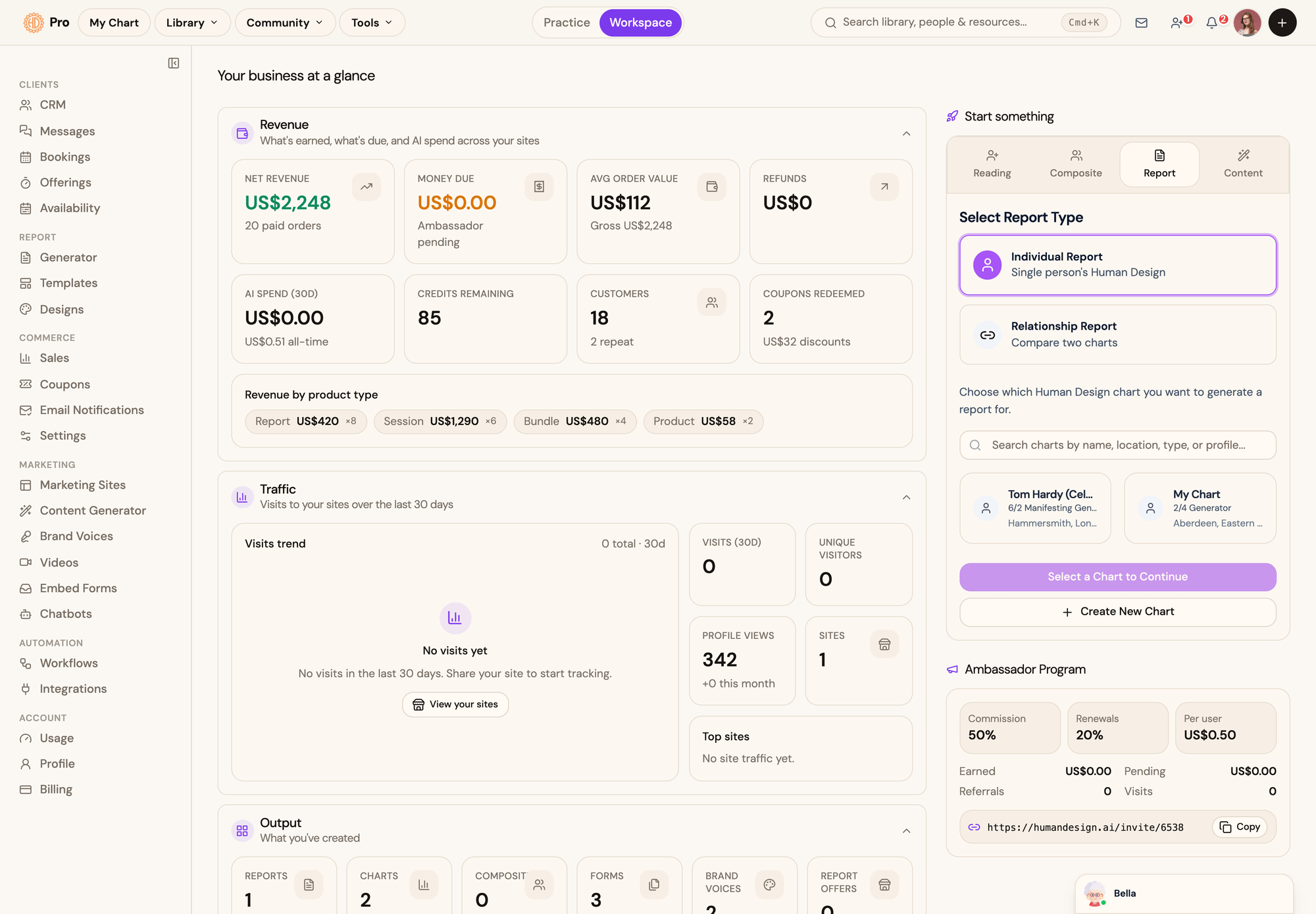 The redesigned HumanDesign.AI Pro Business Hub dashboard